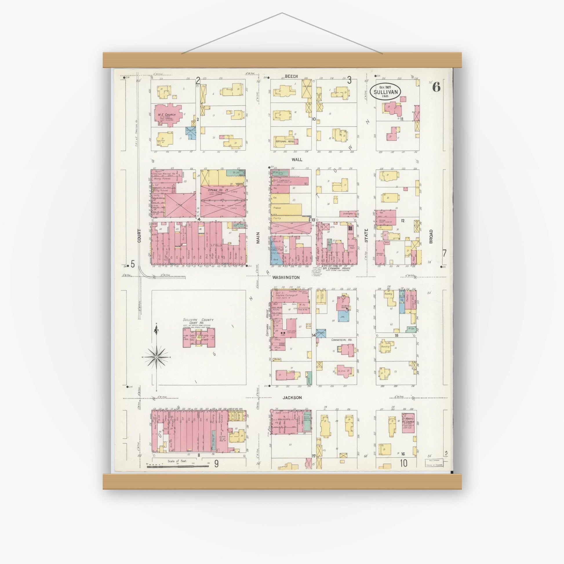 Old map wall art mockup — magnetic wood frame on white wall — Sanborn Fire Insurance Map from Sullivan, Sullivan County, Indiana (1907), Sheet #0006