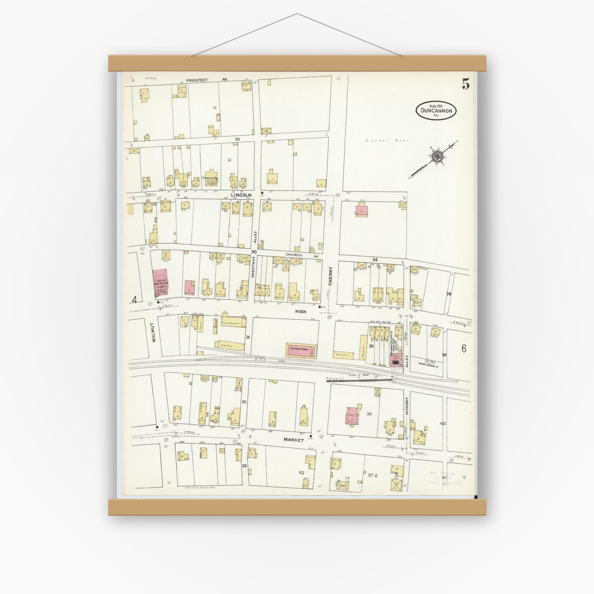 Old map wall art mockup — magnetic wood frame on white wall — Sanborn Fire Insurance Map from Duncannon, Perry County, Pennsylvania (1911), Sheet #0005