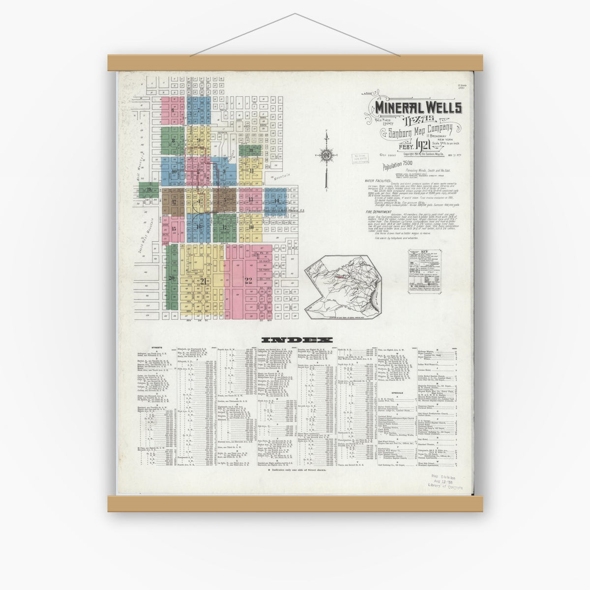 Old map wall art mockup — magnetic wood frame on white wall — Sanborn Fire Insurance Map from Mineral Wells, Palo Pinto County, Texas (1921), Sheet #0001