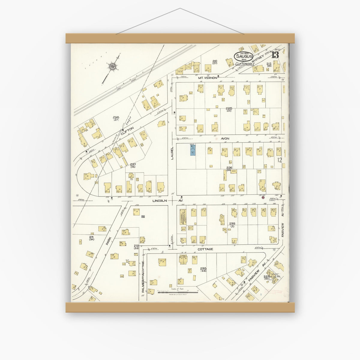 Old map wall art mockup — magnetic wood frame on white wall — Sanborn Fire Insurance Map from Saugus, Essex County, Massachusetts (1922), Sheet #0013