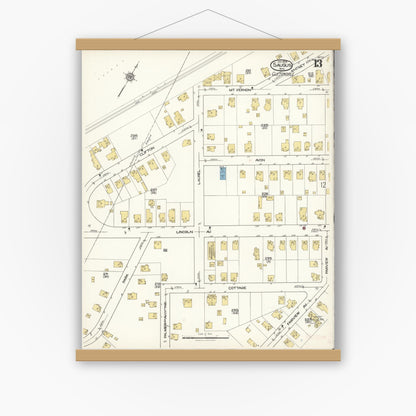 Old map wall art mockup — magnetic wood frame on white wall — Sanborn Fire Insurance Map from Saugus, Essex County, Massachusetts (1922), Sheet #0013