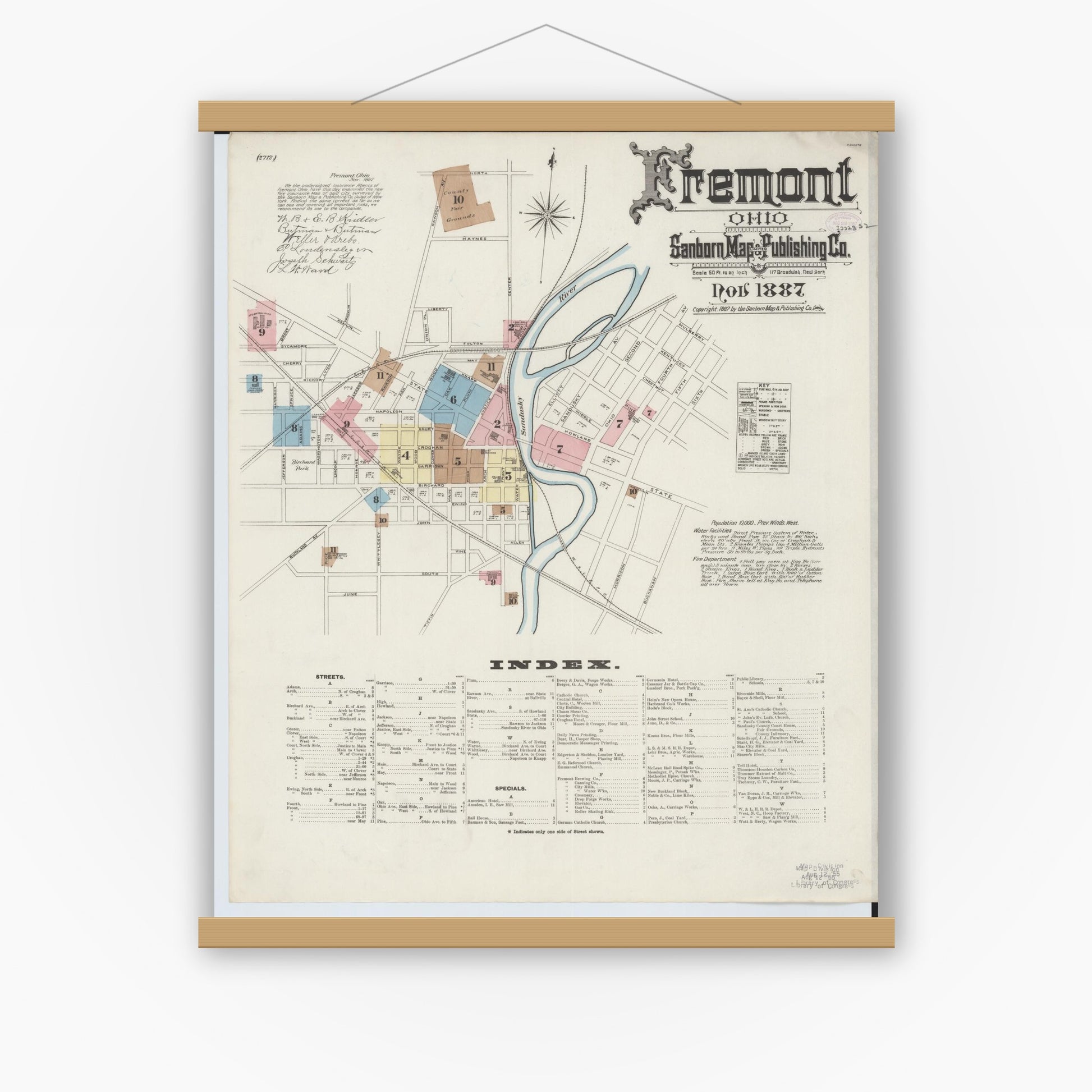 Old map wall art mockup — magnetic wood frame on white wall — Sanborn Fire Insurance Map from Fremont, Sandusky County, Ohio (1887) - Complete Map Set