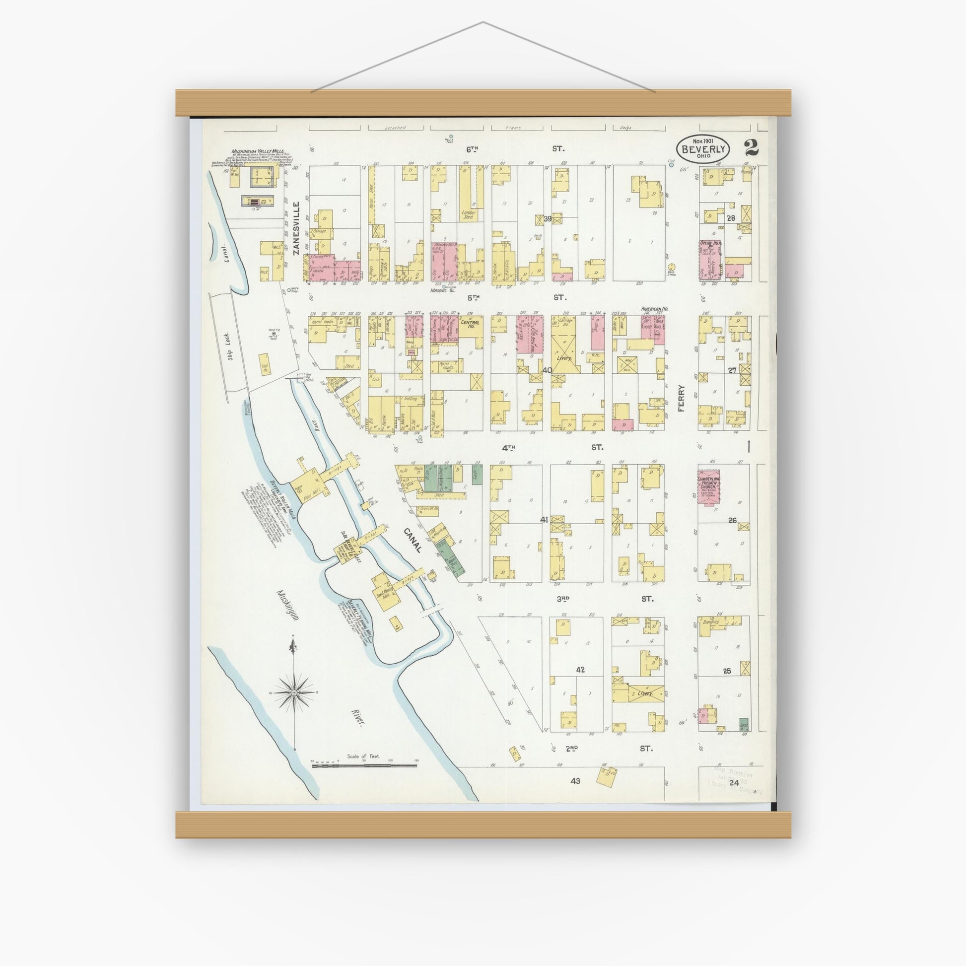 Old map wall art mockup — magnetic wood frame on white wall — Sanborn Fire Insurance Map from Beverly, Washington County, Ohio (1901), Sheet #0002