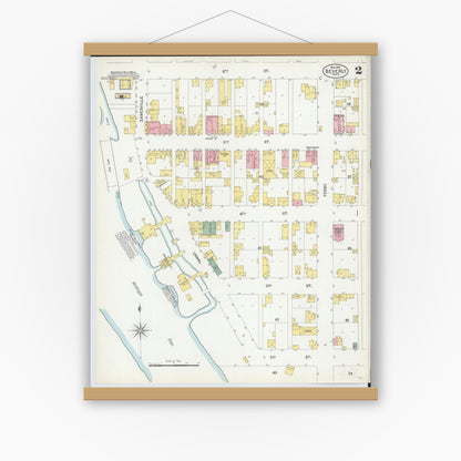 Old map wall art mockup — magnetic wood frame on white wall — Sanborn Fire Insurance Map from Beverly, Washington County, Ohio (1901), Sheet #0002