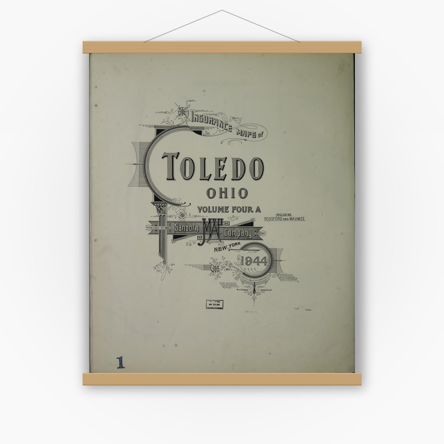 Old map wall art mockup — magnetic wood frame on white wall — Sanborn Fire Insurance Map from Toledo, Lucas County, Ohio (1944), Sheet #0001