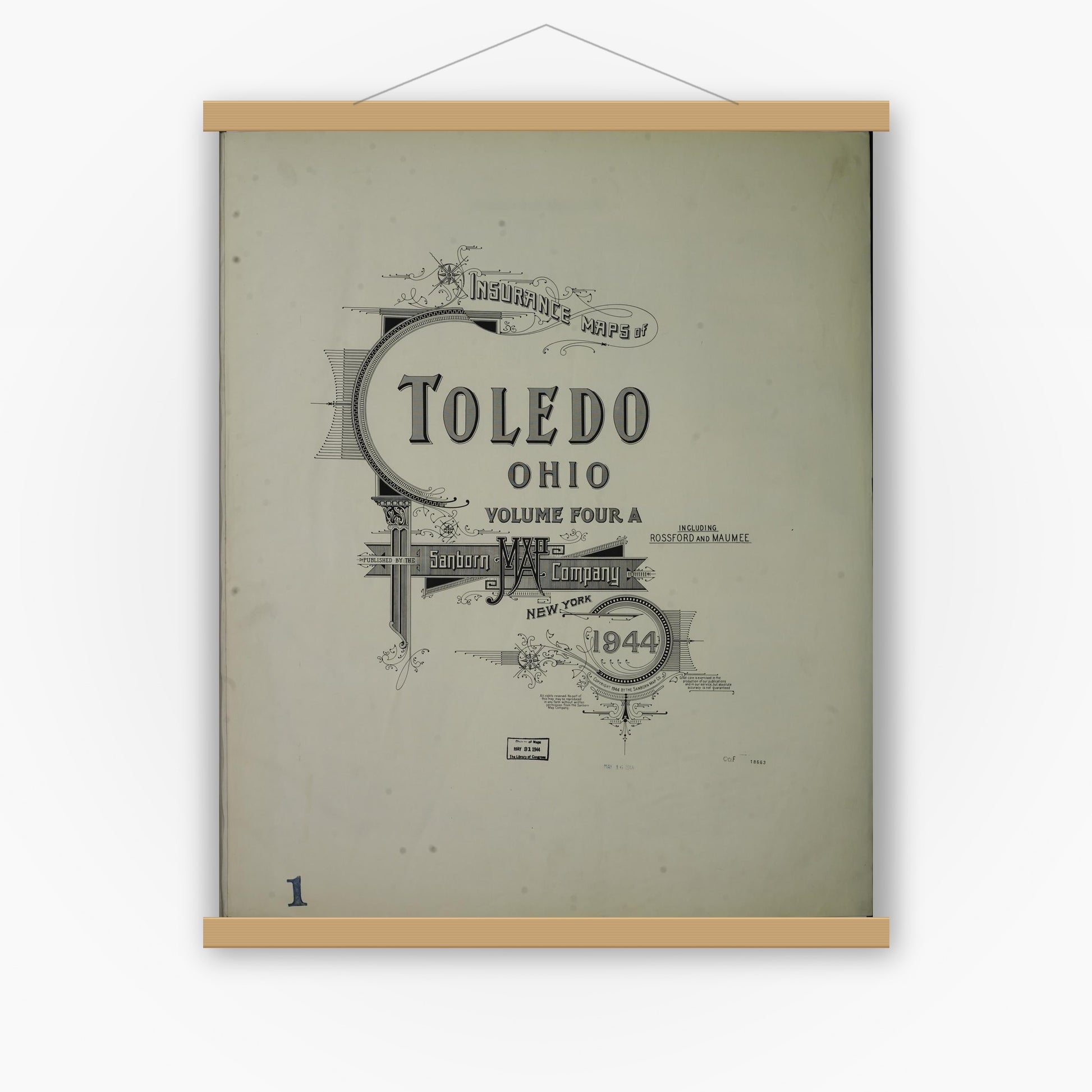 Old map wall art mockup — magnetic wood frame on white wall — Sanborn Fire Insurance Map from Toledo, Lucas County, Ohio (1944), Sheet #0001