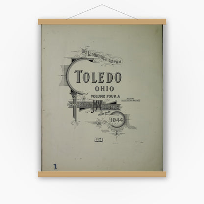 Old map wall art mockup — magnetic wood frame on white wall — Sanborn Fire Insurance Map from Toledo, Lucas County, Ohio (1944), Sheet #0001