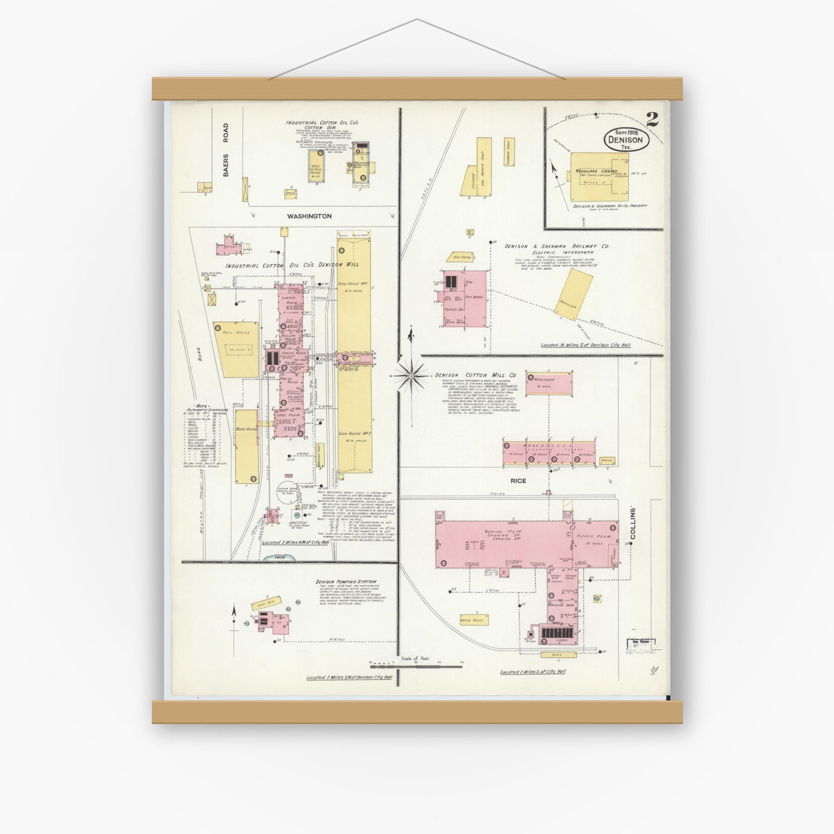 Old map wall art mockup — magnetic wood frame on white wall — Sanborn Fire Insurance Map from Denison, Grayson County, Texas (1908), Sheet #0002