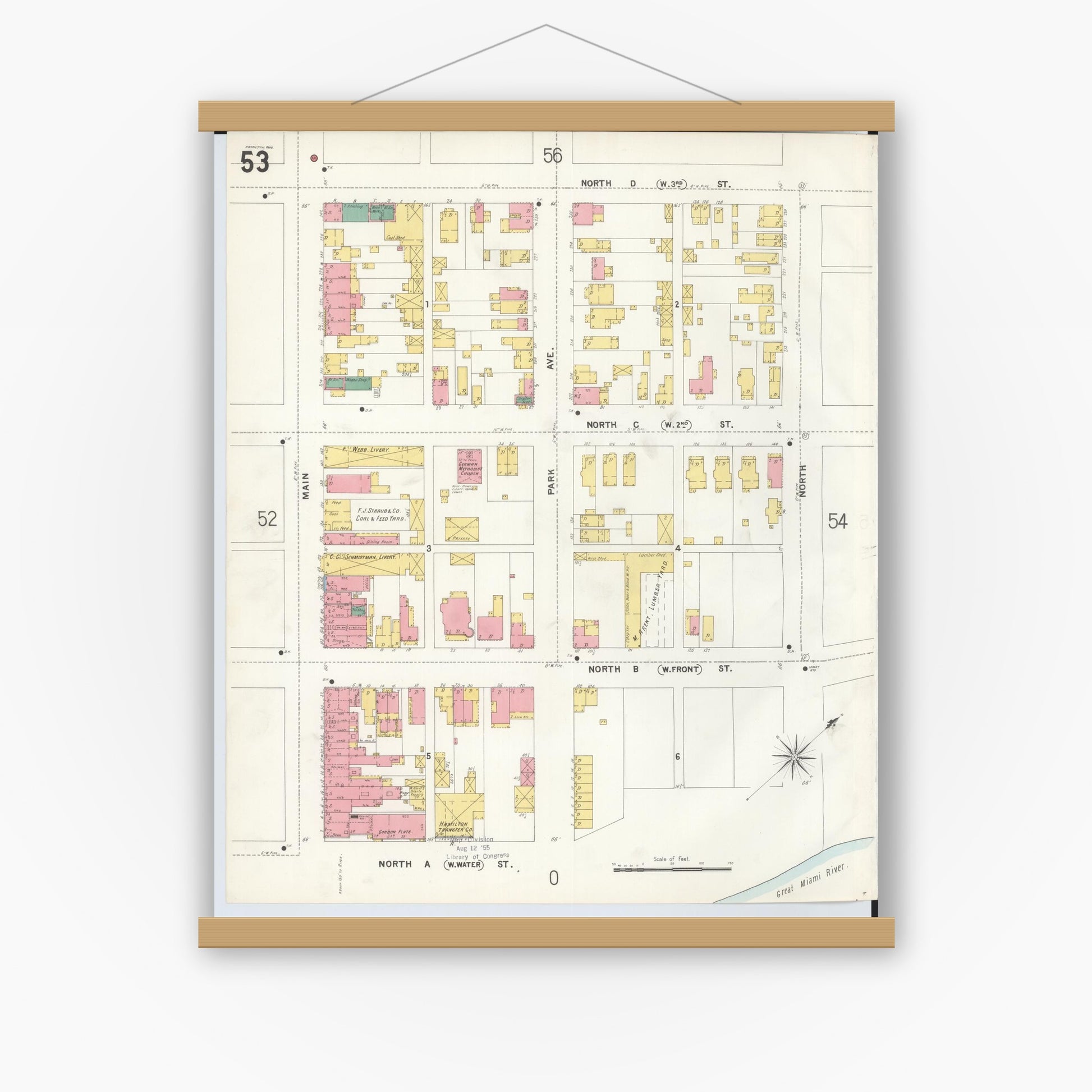 Old map wall art mockup — magnetic wood frame on white wall — Sanborn Fire Insurance Map from Hamilton, Butler County, Ohio (1899), Sheet #0053