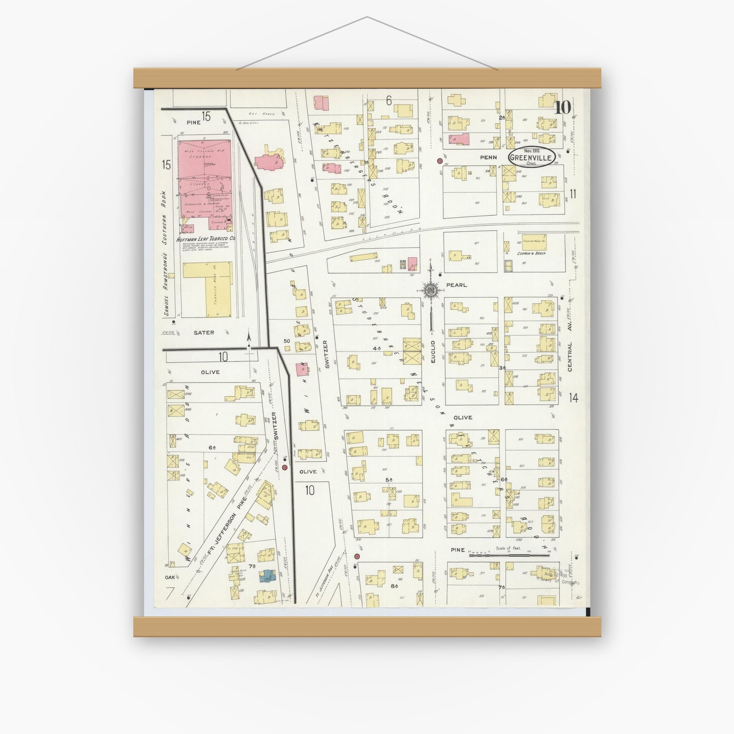 Old map wall art mockup — magnetic wood frame on white wall — Sanborn Fire Insurance Map from Greenville, Darke County, Ohio (1910), Sheet #0010