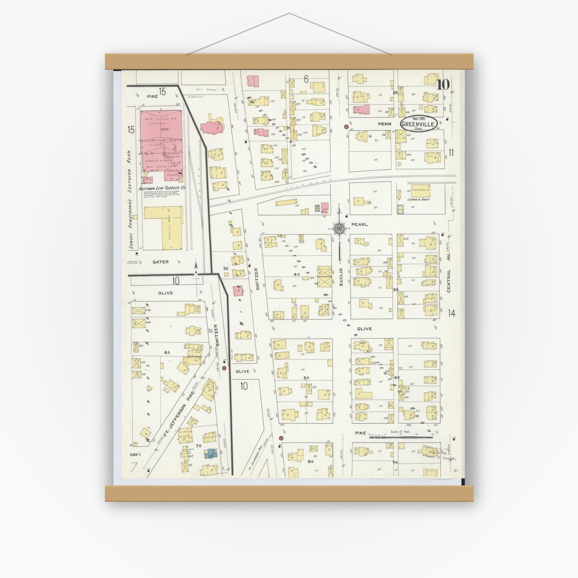 Old map wall art mockup — magnetic wood frame on white wall — Sanborn Fire Insurance Map from Greenville, Darke County, Ohio (1910), Sheet #0010