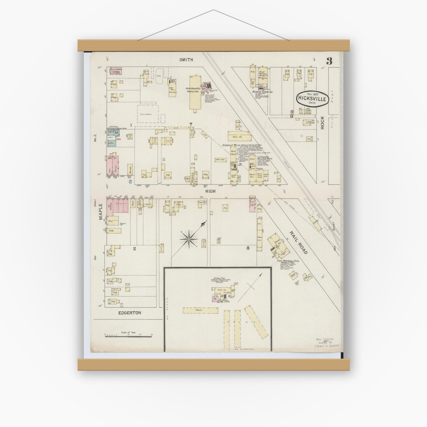 Old map wall art mockup — magnetic wood frame on white wall — Sanborn Fire Insurance Map from Hicksville, Defiance County, Ohio (1887), Sheet #0003