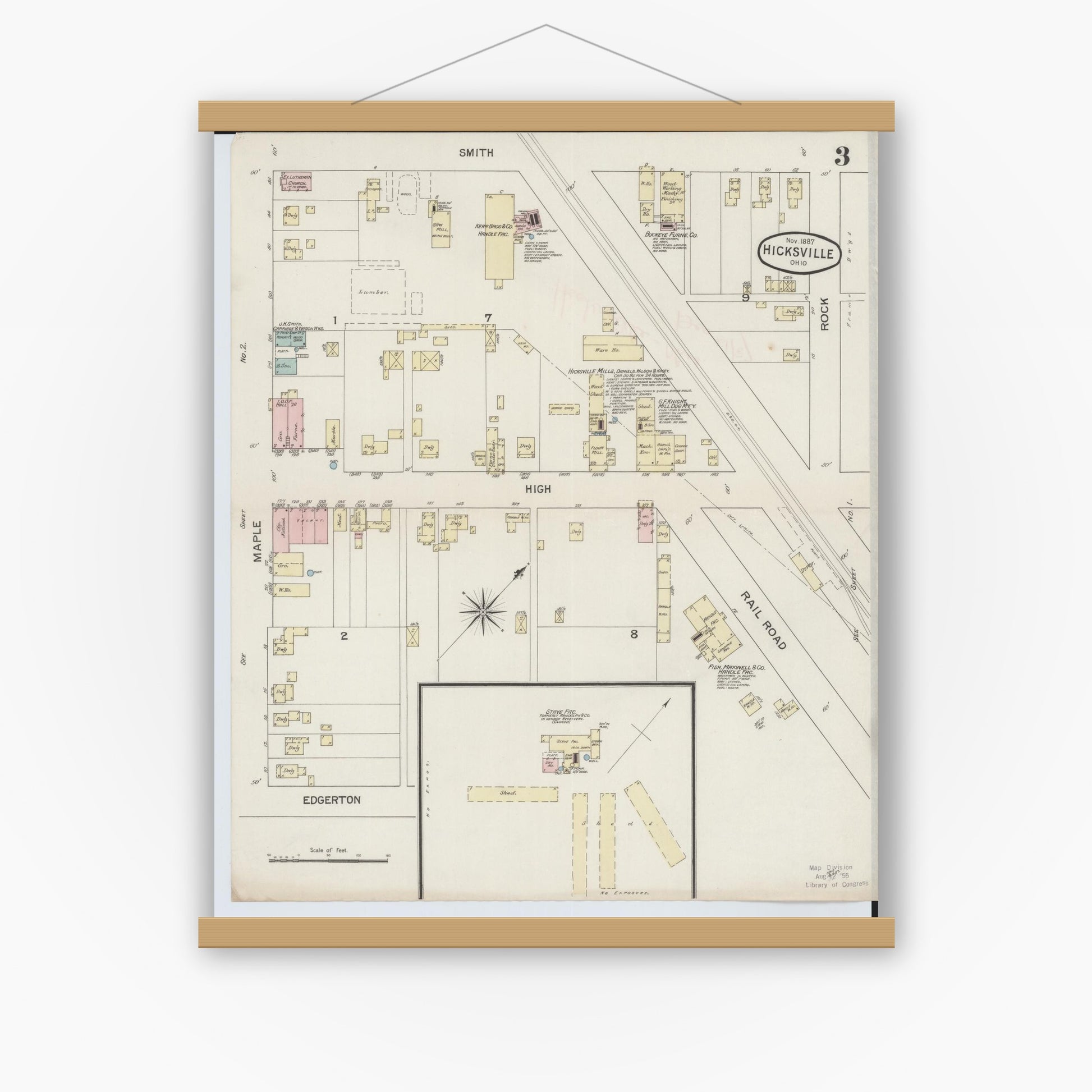 Old map wall art mockup — magnetic wood frame on white wall — Sanborn Fire Insurance Map from Hicksville, Defiance County, Ohio (1887), Sheet #0003