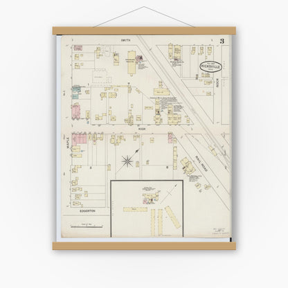 Old map wall art mockup — magnetic wood frame on white wall — Sanborn Fire Insurance Map from Hicksville, Defiance County, Ohio (1887), Sheet #0003