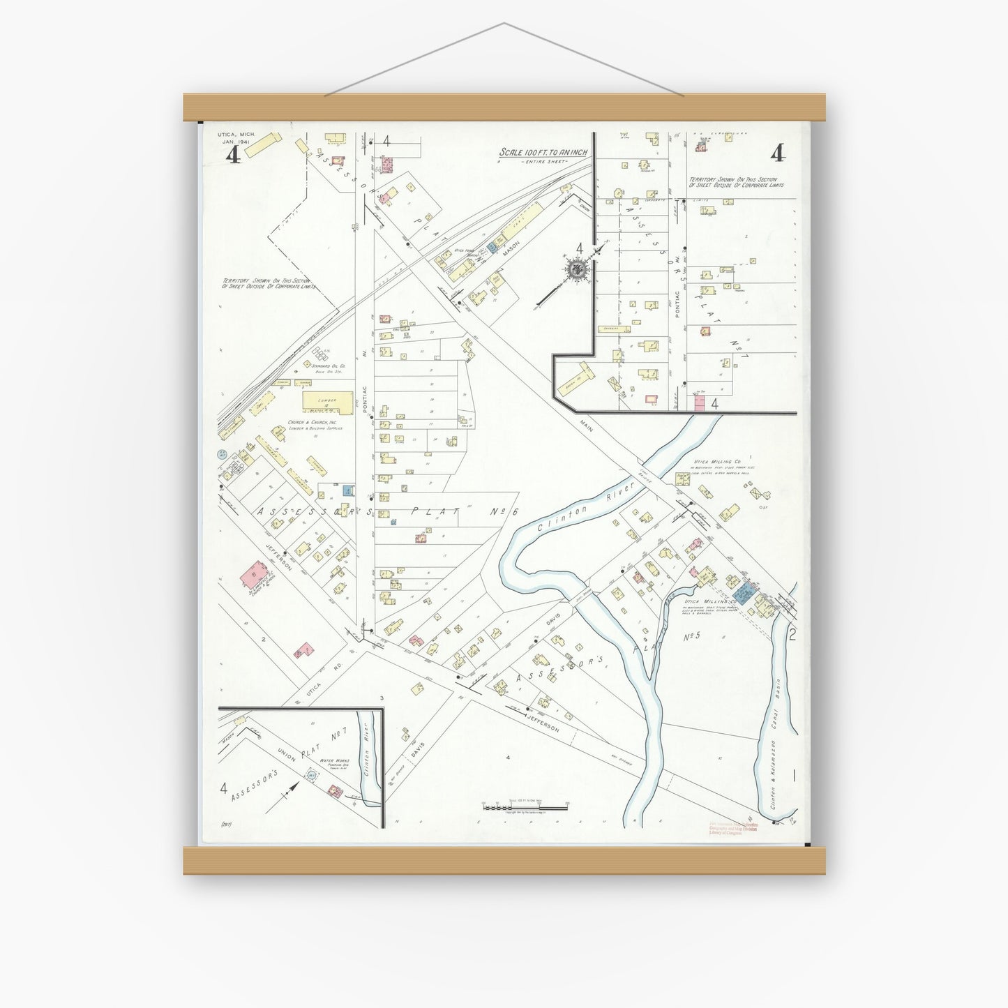 Old map wall art mockup — magnetic wood frame on white wall — Sanborn Fire Insurance Map from Utica, Macomb County, Michigan (1941), Sheet #0004