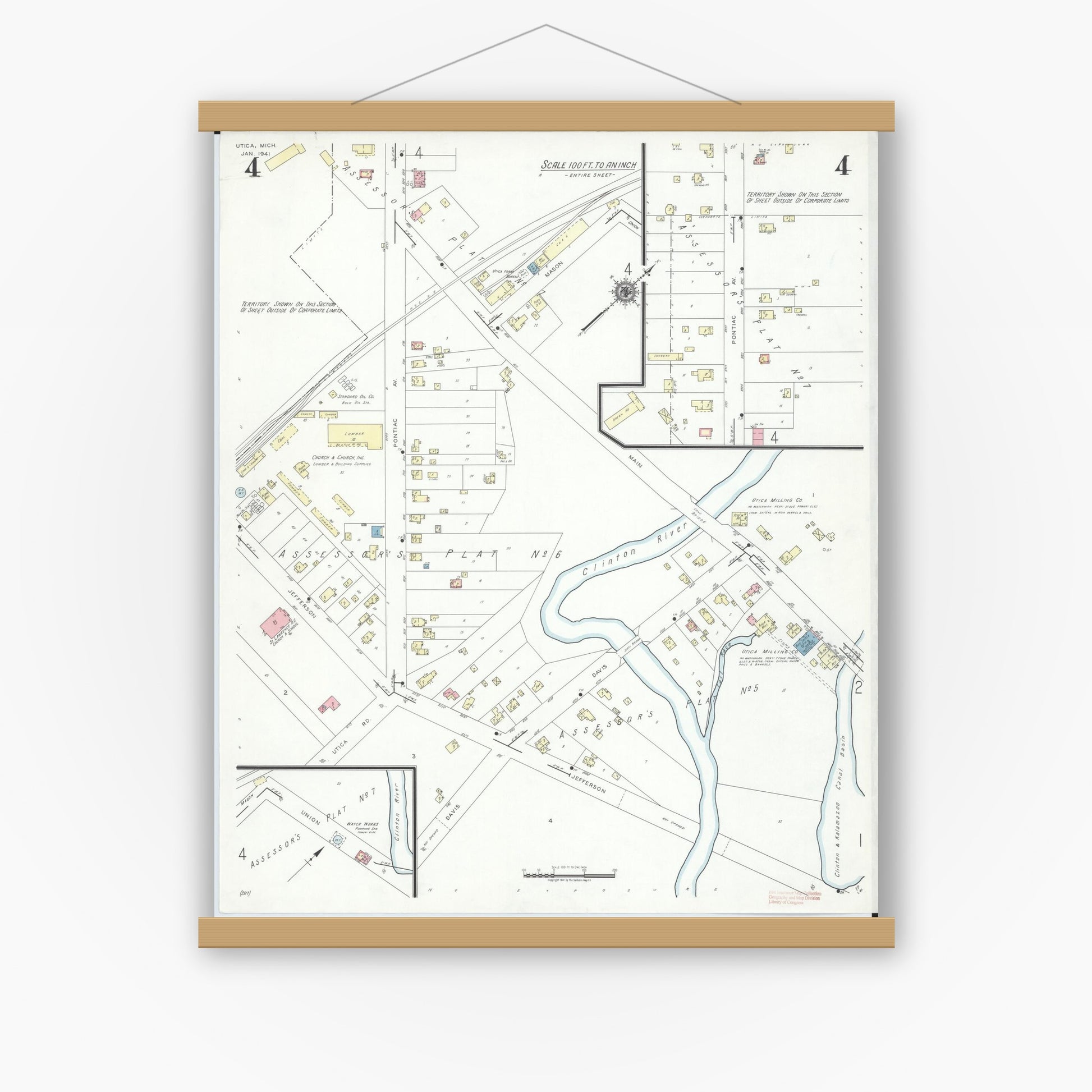 Old map wall art mockup — magnetic wood frame on white wall — Sanborn Fire Insurance Map from Utica, Macomb County, Michigan (1941), Sheet #0004