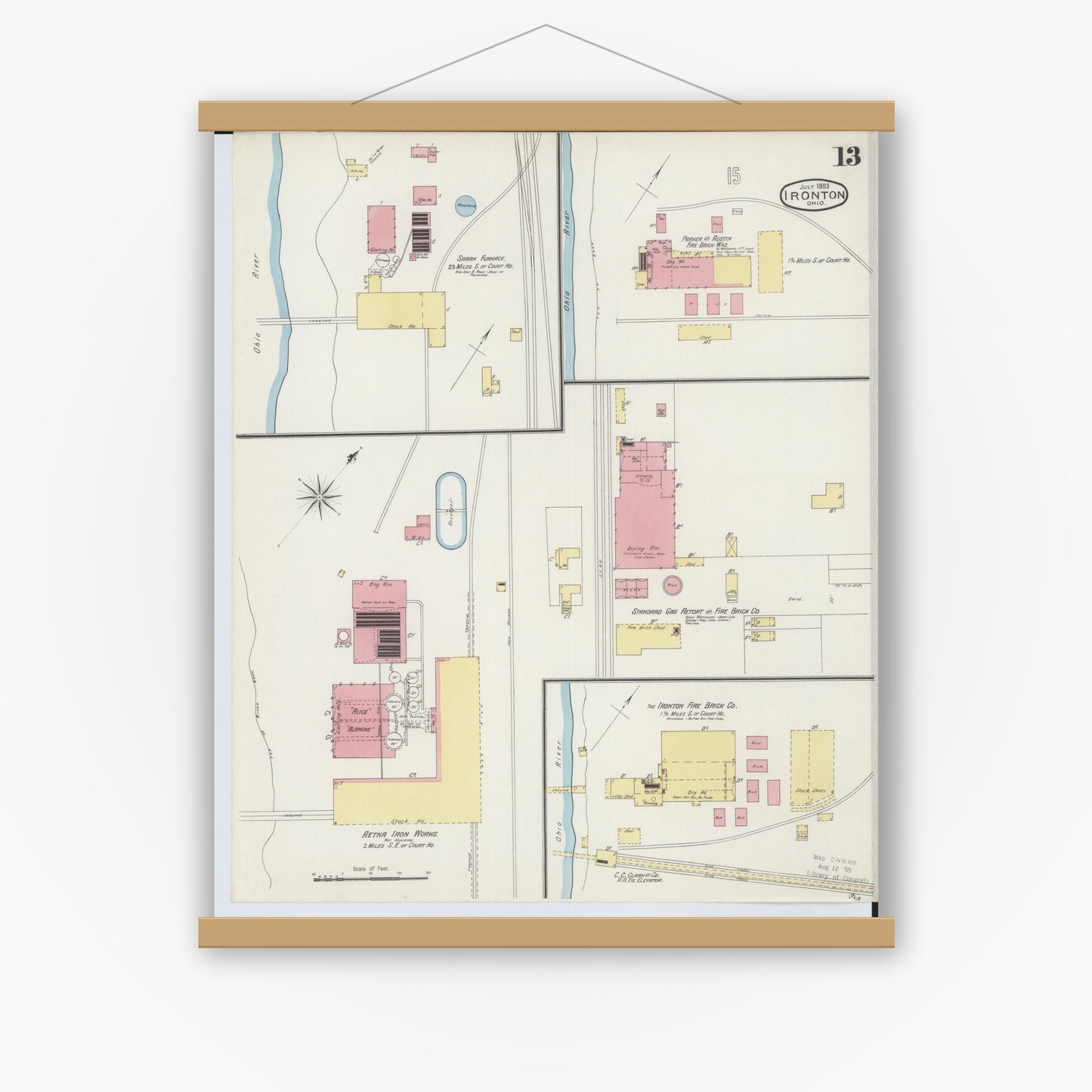 Old map wall art mockup — magnetic wood frame on white wall — Sanborn Fire Insurance Map from Ironton, Lawrence County, Ohio (1893), Sheet #0013