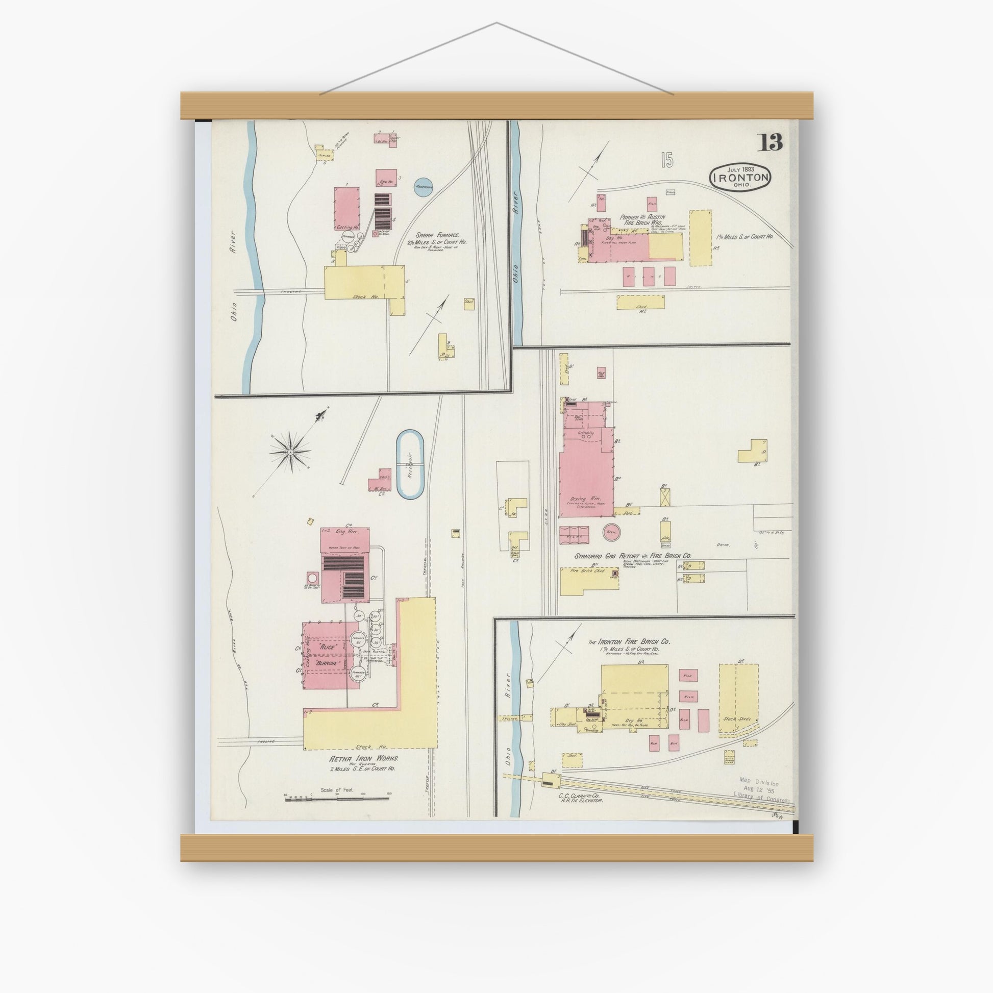 Old map wall art mockup — magnetic wood frame on white wall — Sanborn Fire Insurance Map from Ironton, Lawrence County, Ohio (1893), Sheet #0013