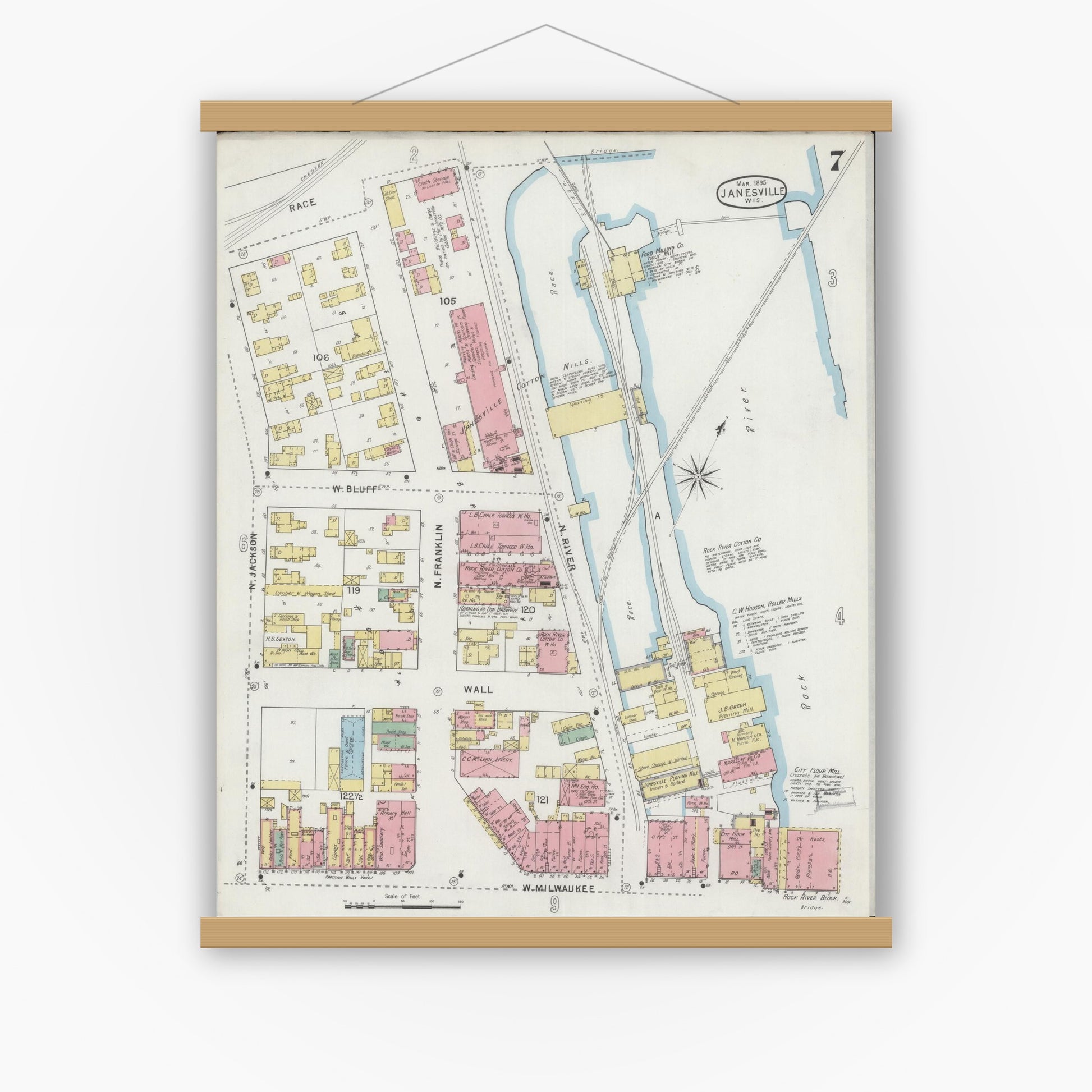 Old map wall art mockup — magnetic wood frame on white wall — Sanborn Fire Insurance Map from Janesville, Rock County, Wisconsin (1895), Sheet #0007