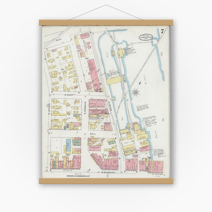 Old map wall art mockup — magnetic wood frame on white wall — Sanborn Fire Insurance Map from Janesville, Rock County, Wisconsin (1895), Sheet #0007