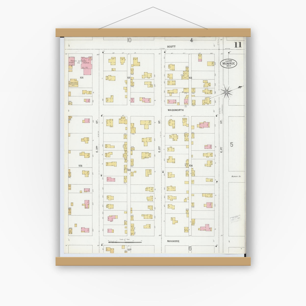 Old map wall art mockup — magnetic wood frame on white wall — Sanborn Fire Insurance Map from Monroe, Monroe County, Michigan (1899), Sheet #0011