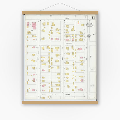Old map wall art mockup — magnetic wood frame on white wall — Sanborn Fire Insurance Map from Monroe, Monroe County, Michigan (1899), Sheet #0011
