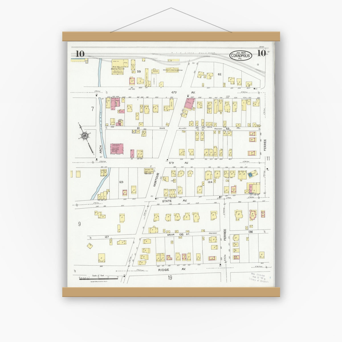 Old map wall art mockup — magnetic wood frame on white wall — Sanborn Fire Insurance Map from Coraopolis, Allegheny County, Pennsylvania (1924), Sheet #0010