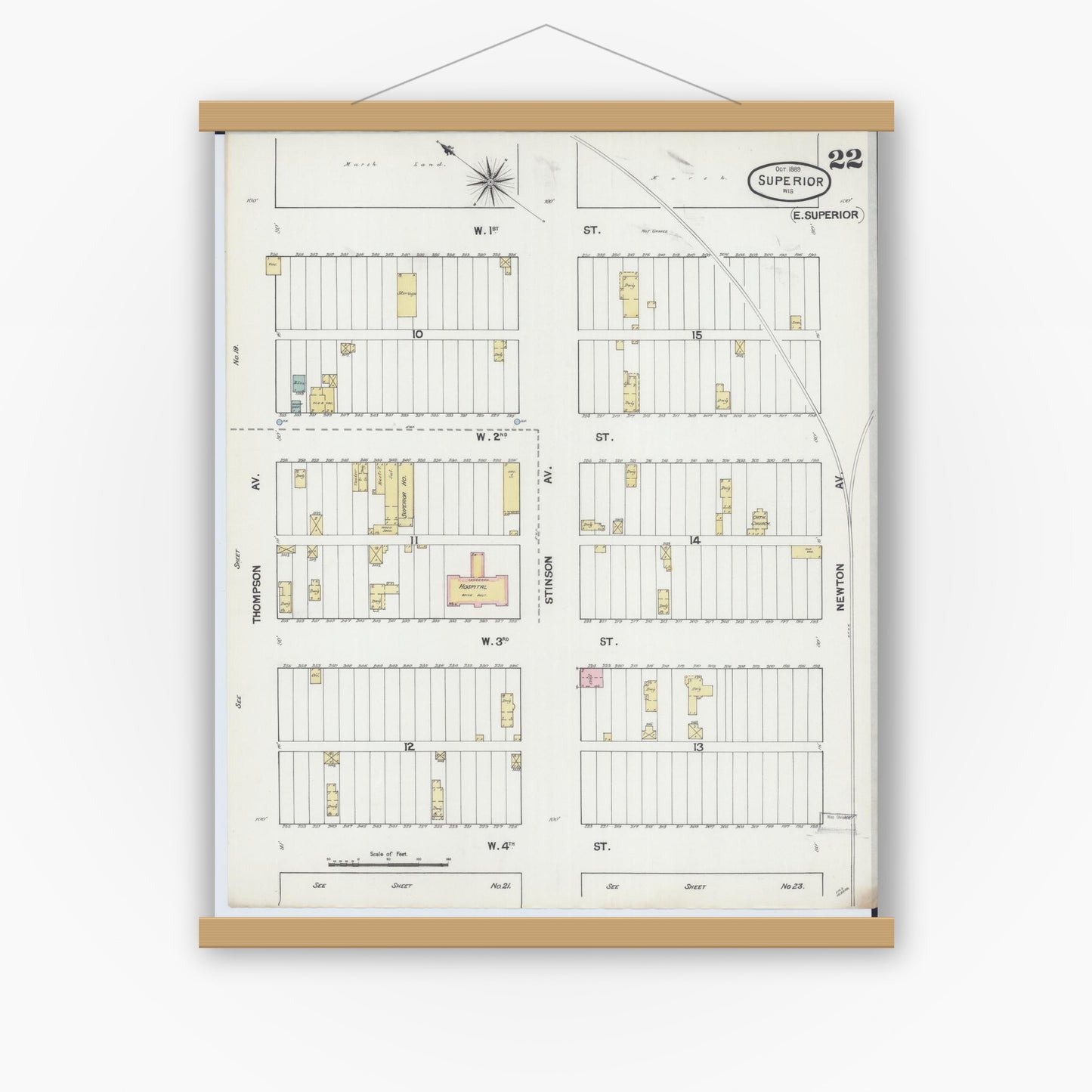 Old map wall art mockup — magnetic wood frame on white wall — Sanborn Fire Insurance Map from Superior, Douglas County, Wisconsin (1889), Sheet #0022