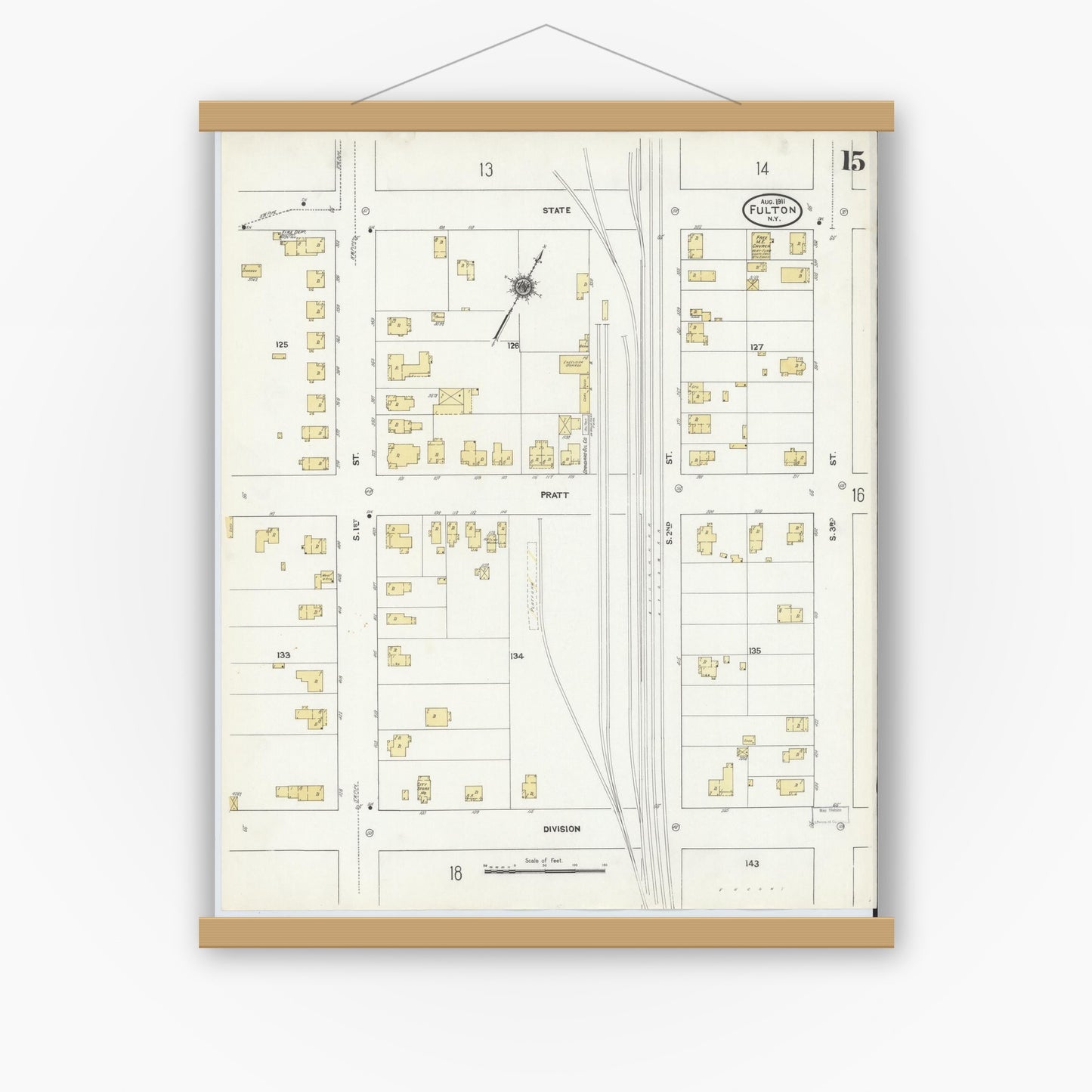 Old map wall art mockup — magnetic wood frame on white wall — Sanborn Fire Insurance Map from Fulton, Oswego County, New York (1911), Sheet #0015