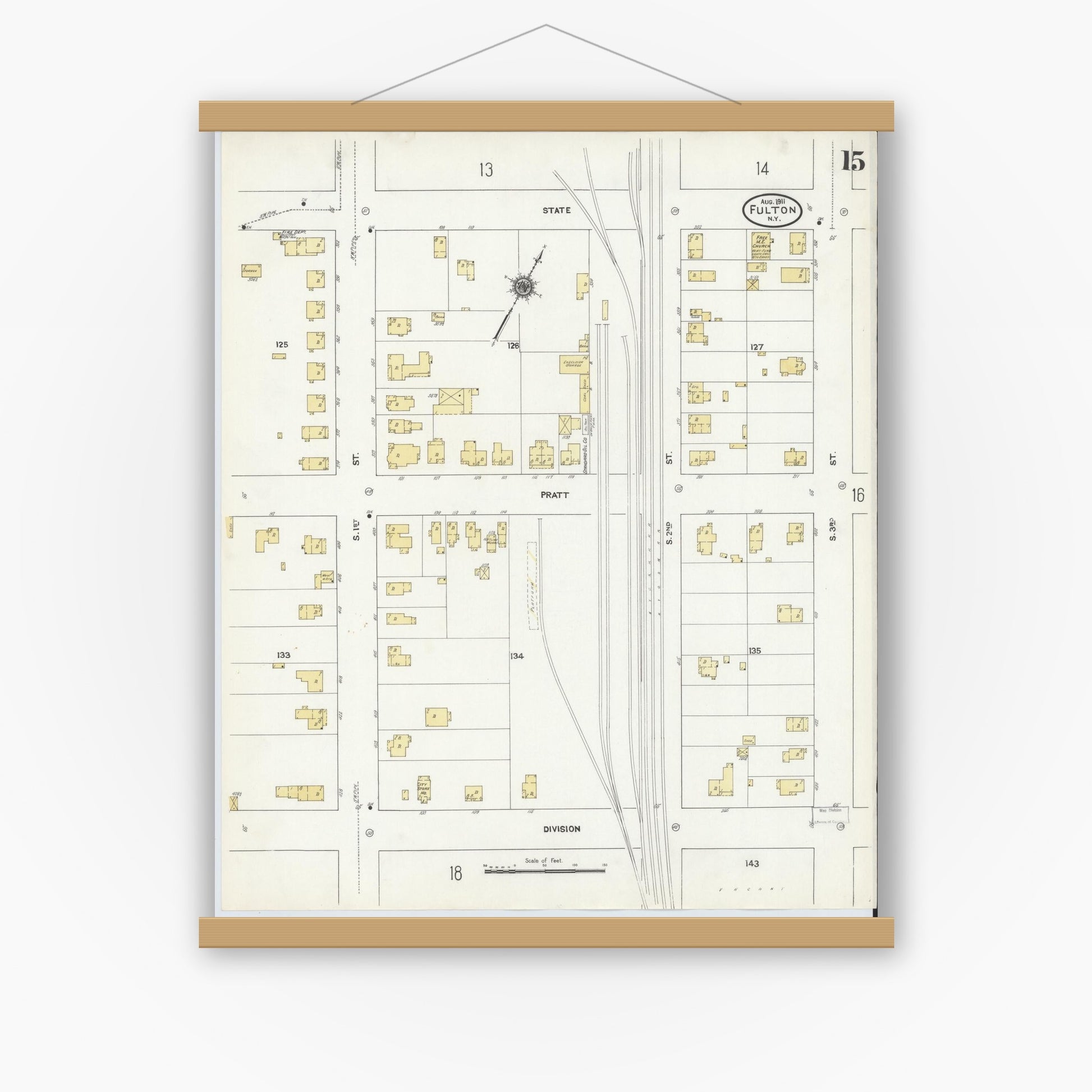Old map wall art mockup — magnetic wood frame on white wall — Sanborn Fire Insurance Map from Fulton, Oswego County, New York (1911), Sheet #0015