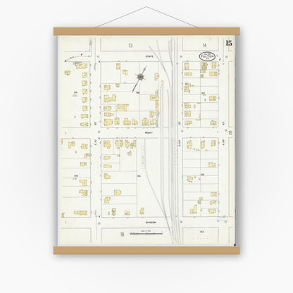 Old map wall art mockup — magnetic wood frame on white wall — Sanborn Fire Insurance Map from Fulton, Oswego County, New York (1911), Sheet #0015