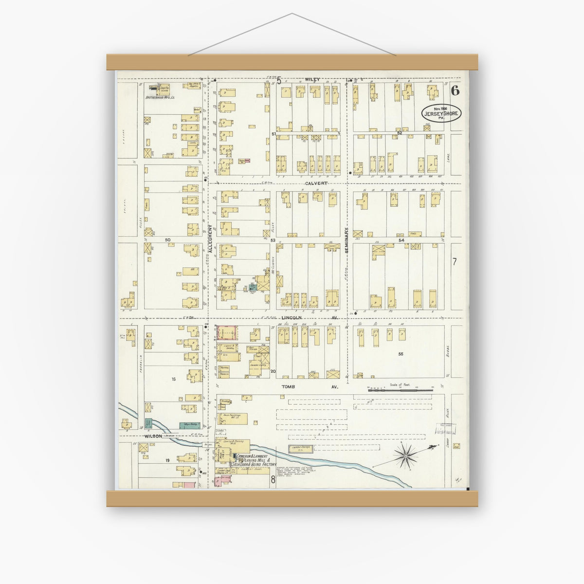Old map wall art mockup — magnetic wood frame on white wall — Sanborn Fire Insurance Map from Jersey Shore, Lycoming County, Pennsylvania (1906), Sheet #0006