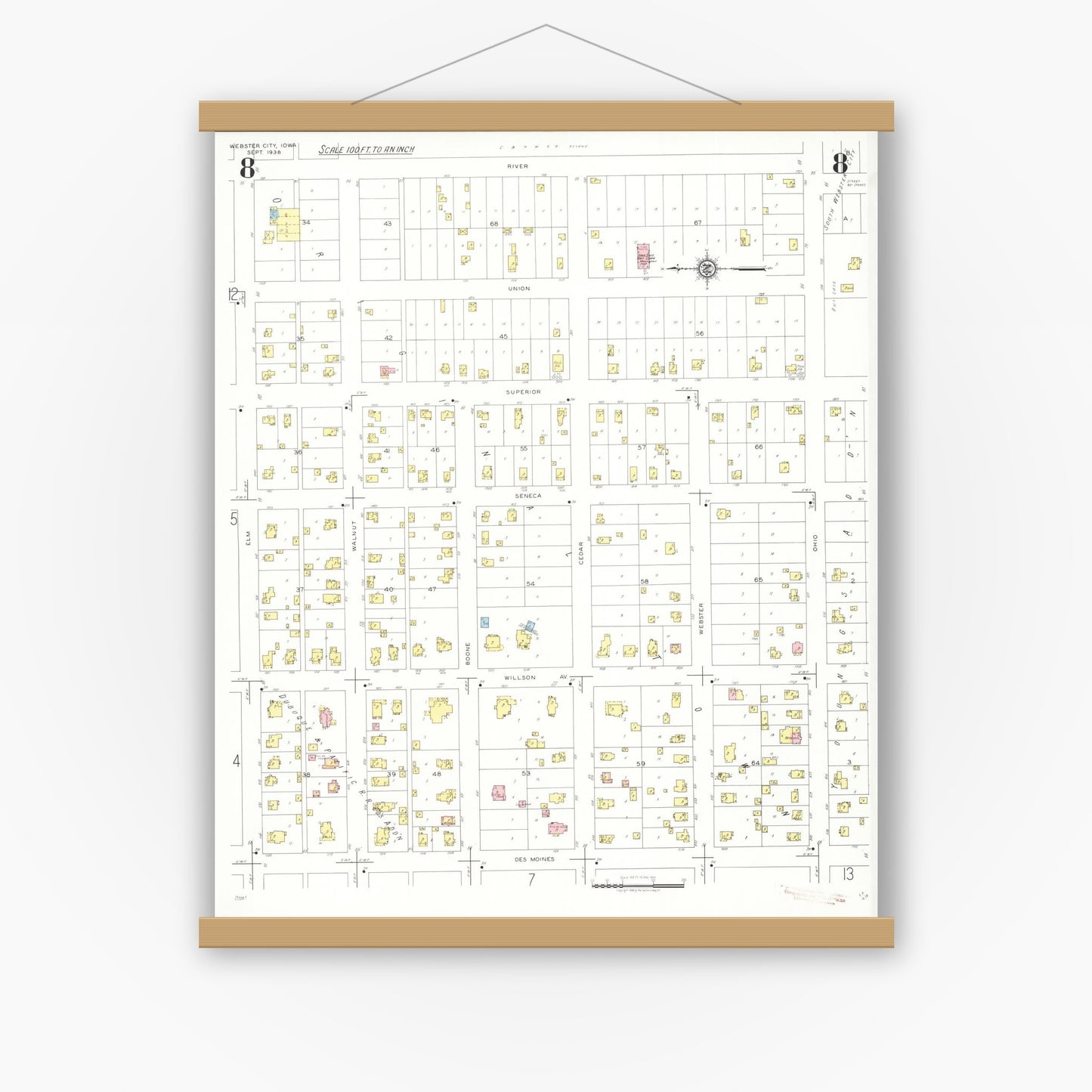 Old map wall art mockup — magnetic wood frame on white wall — Sanborn Fire Insurance Map from Webster City, Hamilton County, Iowa (1938), Sheet #0008