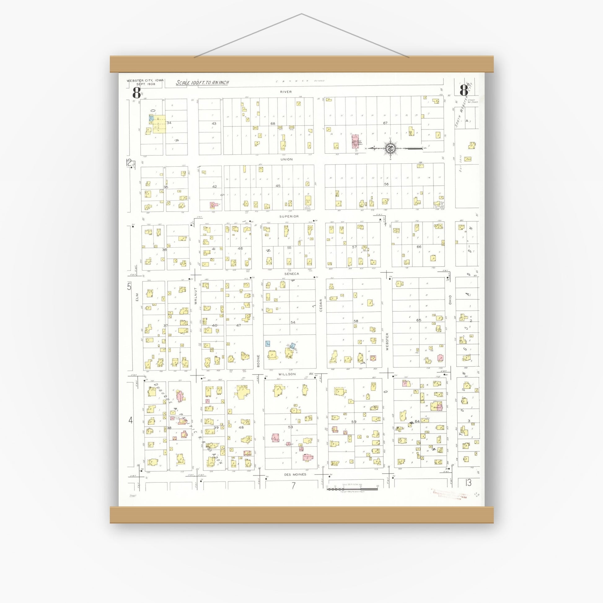 Old map wall art mockup — magnetic wood frame on white wall — Sanborn Fire Insurance Map from Webster City, Hamilton County, Iowa (1938), Sheet #0008