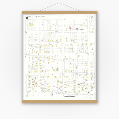 Old map wall art mockup — magnetic wood frame on white wall — Sanborn Fire Insurance Map from Webster City, Hamilton County, Iowa (1938), Sheet #0008