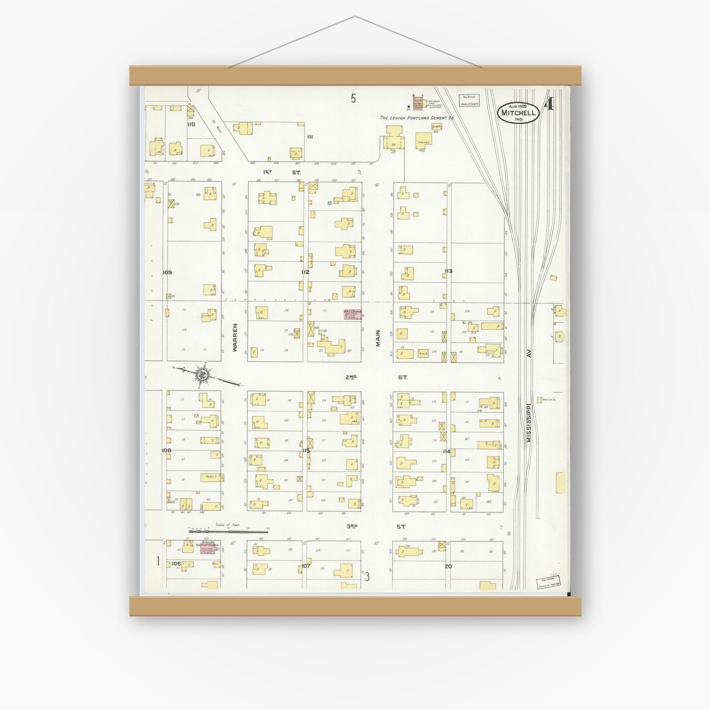 Old map wall art mockup — magnetic wood frame on white wall — Sanborn Fire Insurance Map from Mitchell, Lawrence County, Indiana (1909), Sheet #0004