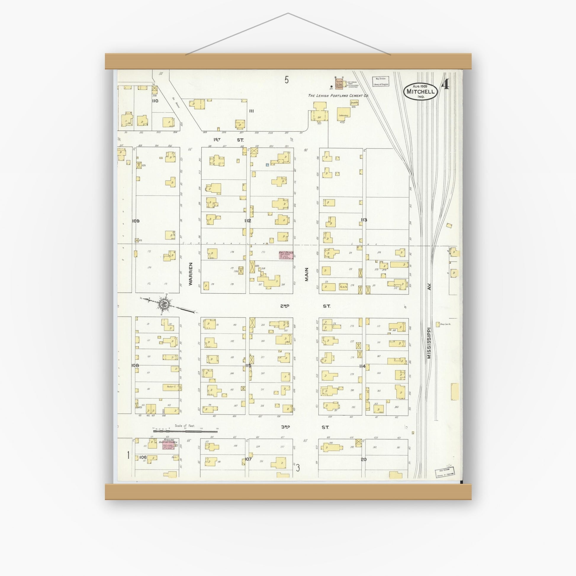 Old map wall art mockup — magnetic wood frame on white wall — Sanborn Fire Insurance Map from Mitchell, Lawrence County, Indiana (1909), Sheet #0004