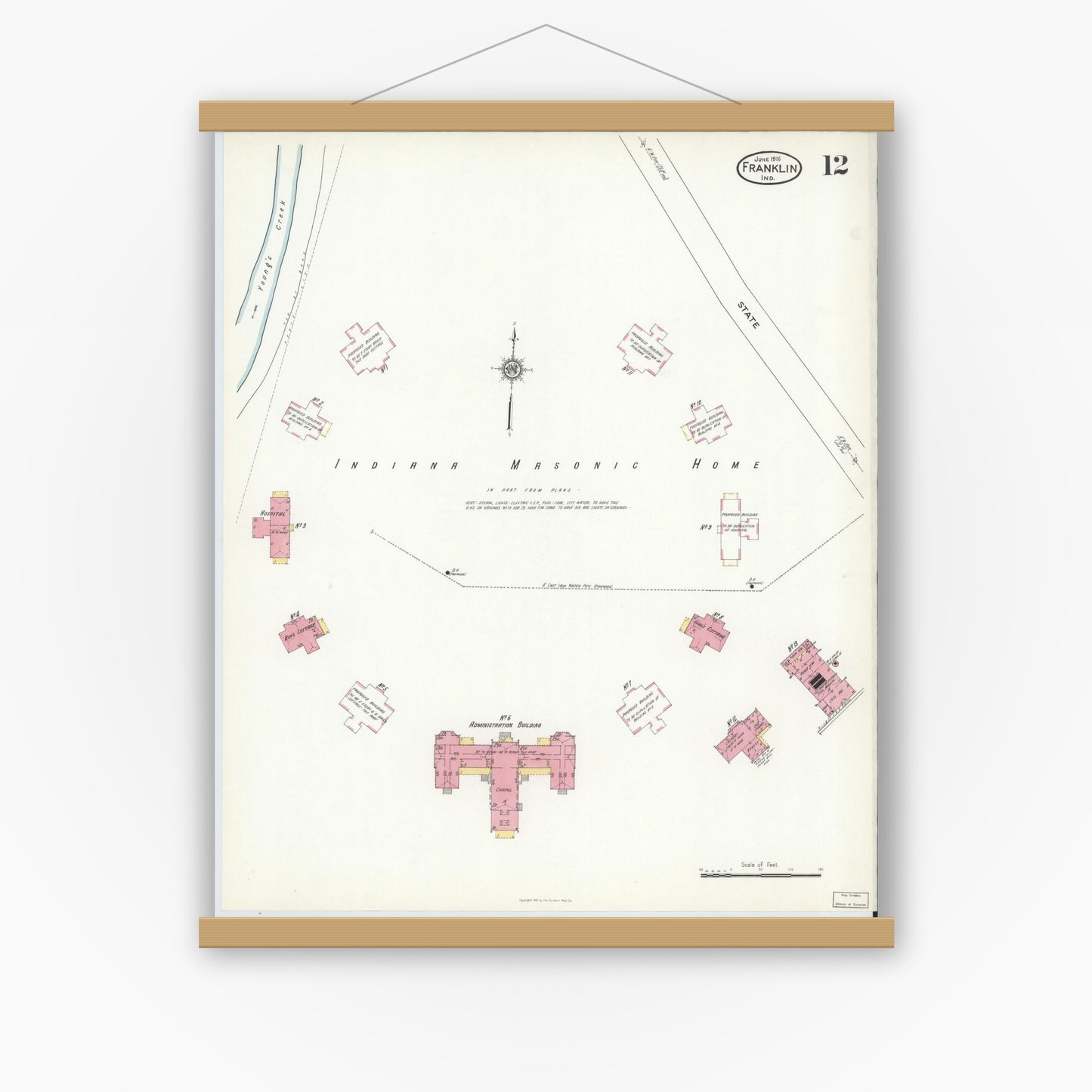Old map wall art mockup — magnetic wood frame on white wall — Sanborn Fire Insurance Map from Franklin, Johnson County, Indiana (1916), Sheet #0012