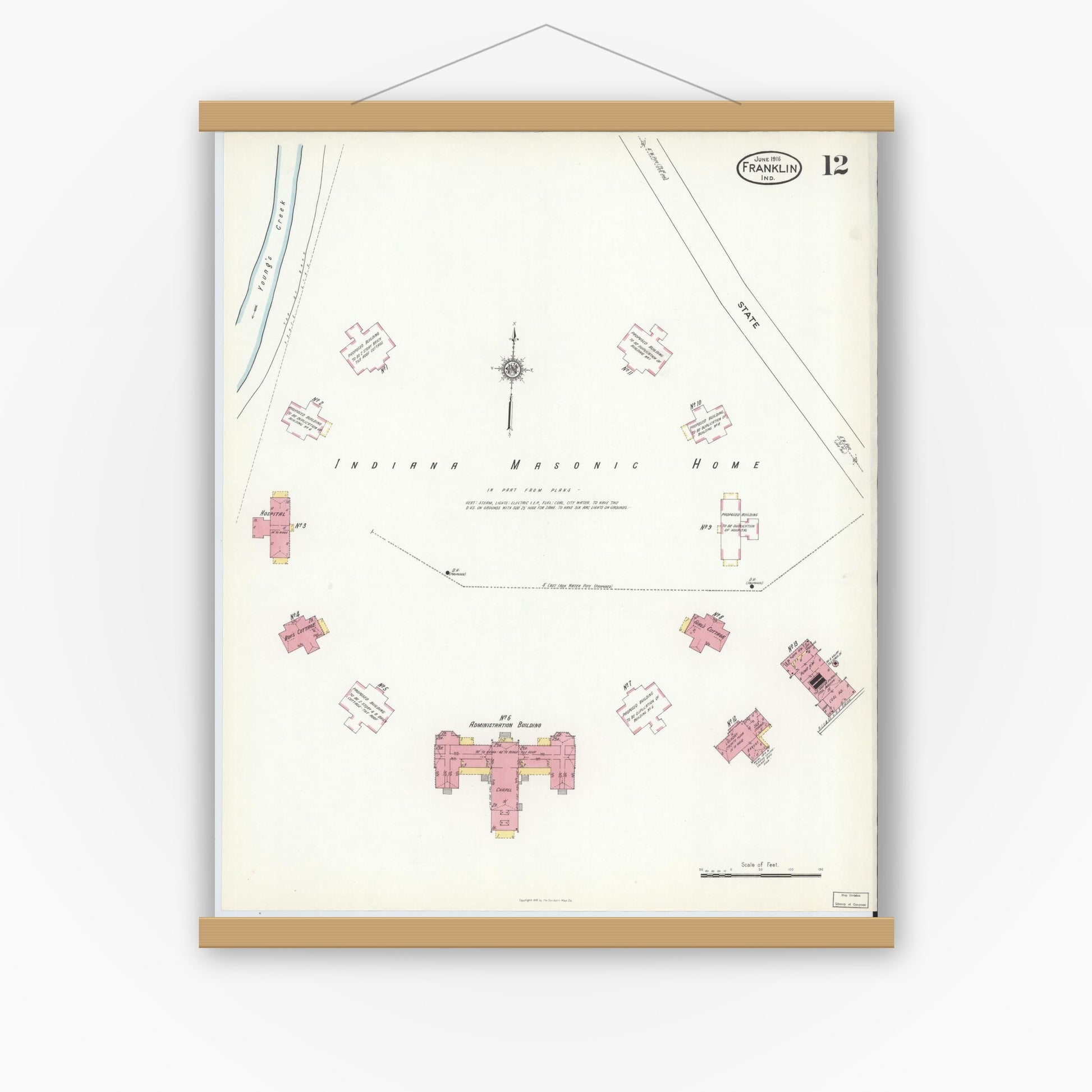Old map wall art mockup — magnetic wood frame on white wall — Sanborn Fire Insurance Map from Franklin, Johnson County, Indiana (1916), Sheet #0012