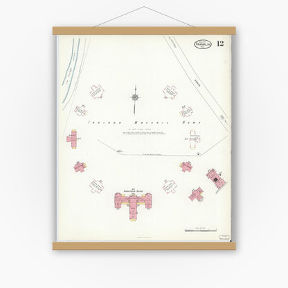 Old map wall art mockup — magnetic wood frame on white wall — Sanborn Fire Insurance Map from Franklin, Johnson County, Indiana (1916), Sheet #0012