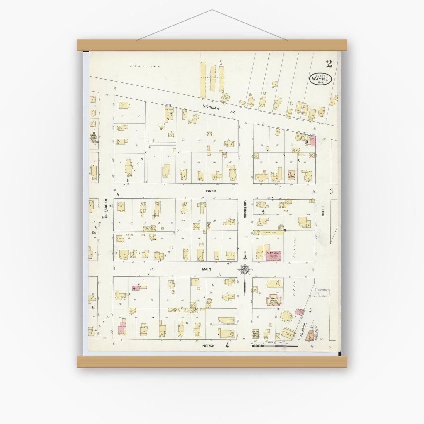 Old map wall art mockup — magnetic wood frame on white wall — Sanborn Fire Insurance Map from Wayne, Wayne County, Michigan (1912), Sheet #0002