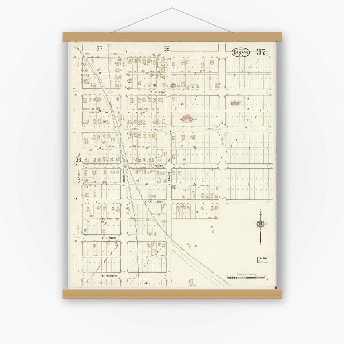 Old map wall art mockup — magnetic wood frame on white wall — Sanborn Fire Insurance Map from Denison, Grayson County, Texas (1914), Sheet #0037