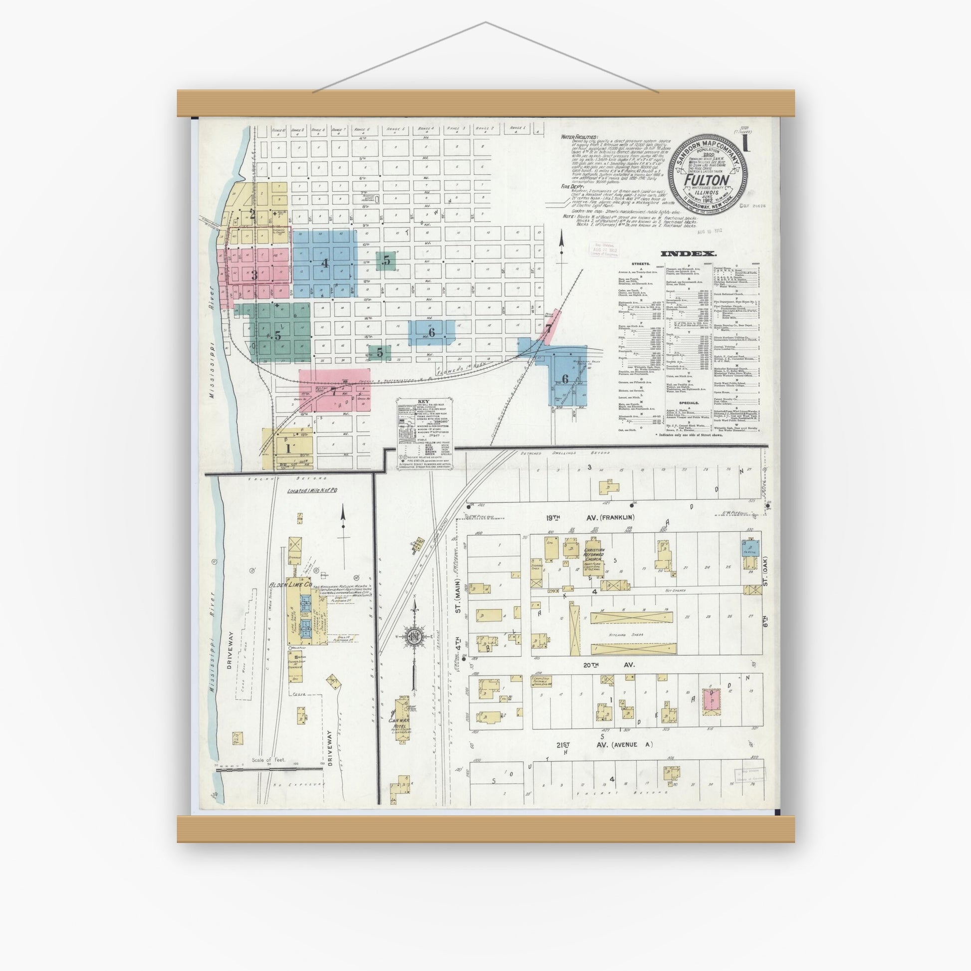 Old map wall art mockup — magnetic wood frame on white wall — Sanborn Fire Insurance Map from Fulton, Whiteside County, Illinois (1912) - Complete Map Set
