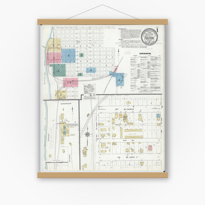 Old map wall art mockup — magnetic wood frame on white wall — Sanborn Fire Insurance Map from Fulton, Whiteside County, Illinois (1912) - Complete Map Set