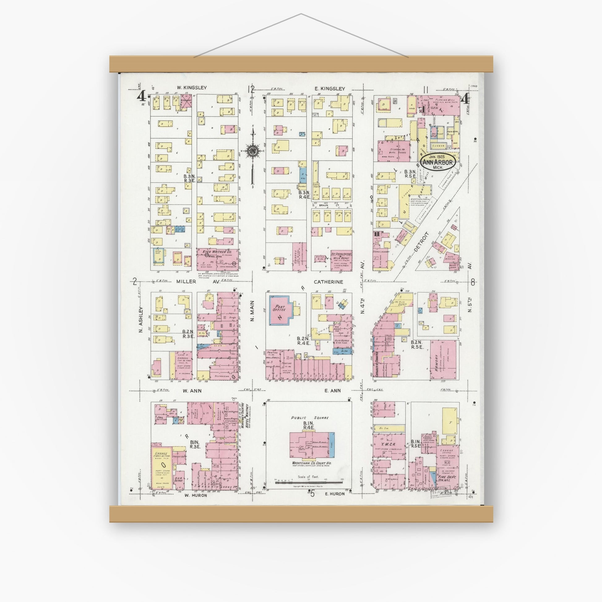 Old map wall art mockup — magnetic wood frame on white wall — Sanborn Fire Insurance Map from Ann Arbor, Washtenaw County, Michigan (1925), Sheet #0004