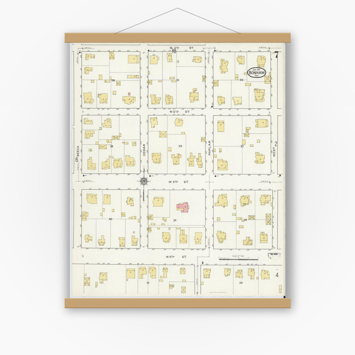 Old map wall art mockup — magnetic wood frame on white wall — Sanborn Fire Insurance Map from Bonham, Fannin County, Texas (1917), Sheet #0007