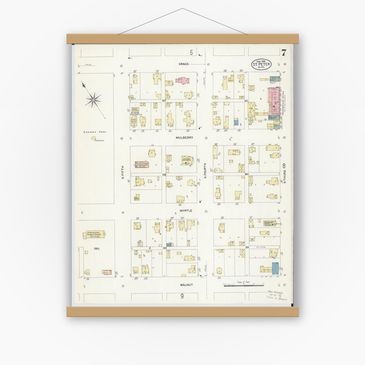 Old map wall art mockup — magnetic wood frame on white wall — Sanborn Fire Insurance Map from Saint Peter, Nicollet County, Minnesota (1908), Sheet #0007