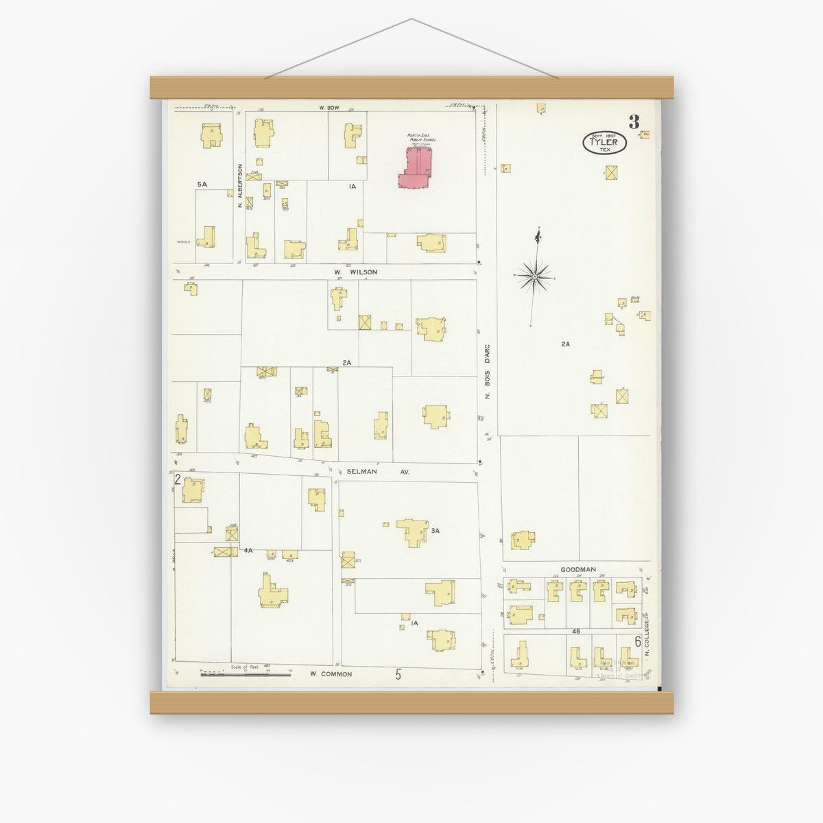 Old map wall art mockup — magnetic wood frame on white wall — Sanborn Fire Insurance Map from Tyler, Smith County, Texas (1907), Sheet #0003
