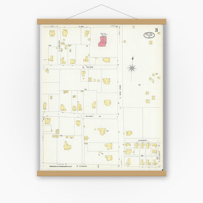 Old map wall art mockup — magnetic wood frame on white wall — Sanborn Fire Insurance Map from Tyler, Smith County, Texas (1907), Sheet #0003