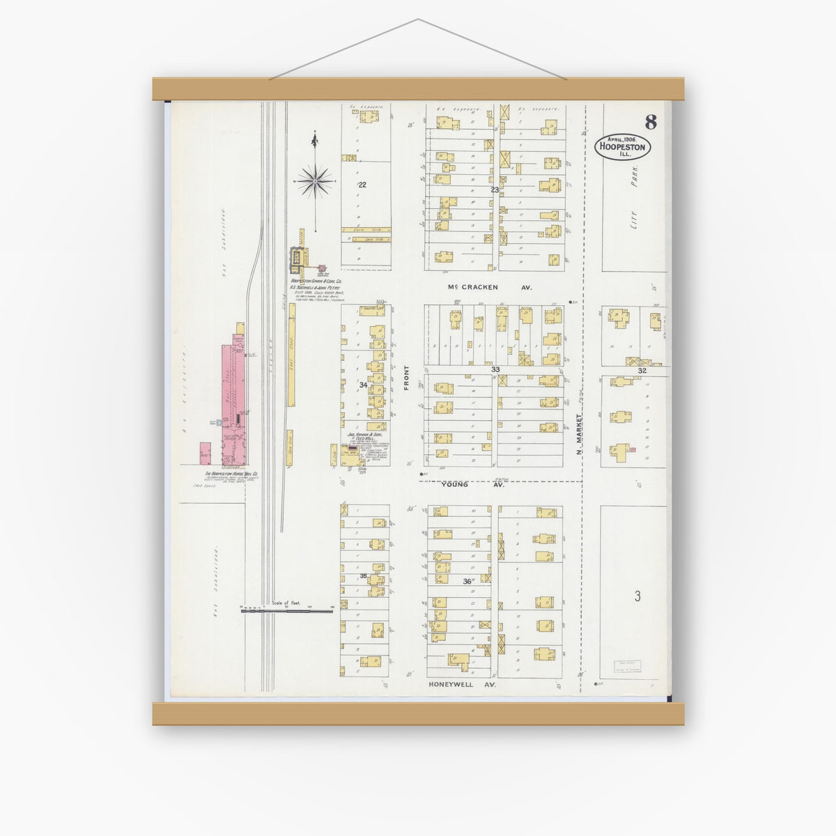 Old map wall art mockup — magnetic wood frame on white wall — Sanborn Fire Insurance Map from Hoopeston, Vermilion County, Illinois (1906), Sheet #0008